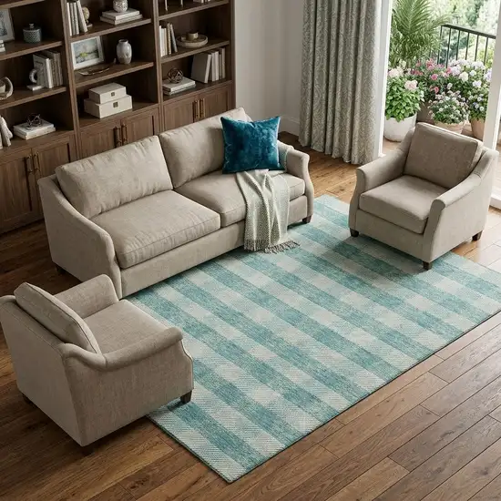 Teal And Ivory Plaid Washable Area Rug With UV Protection Photo 1