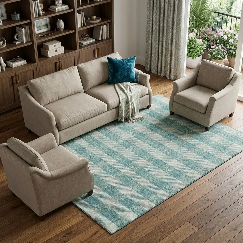 Teal And Ivory Plaid Washable Area Rug With UV Protection Photo 1