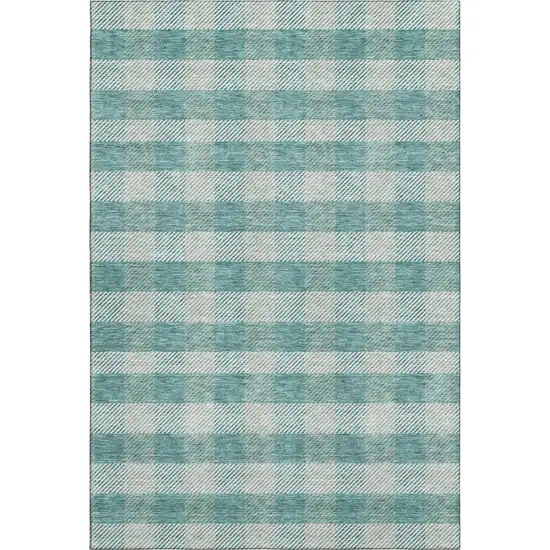 Teal And Ivory Plaid Washable Area Rug With UV Protection Photo 1