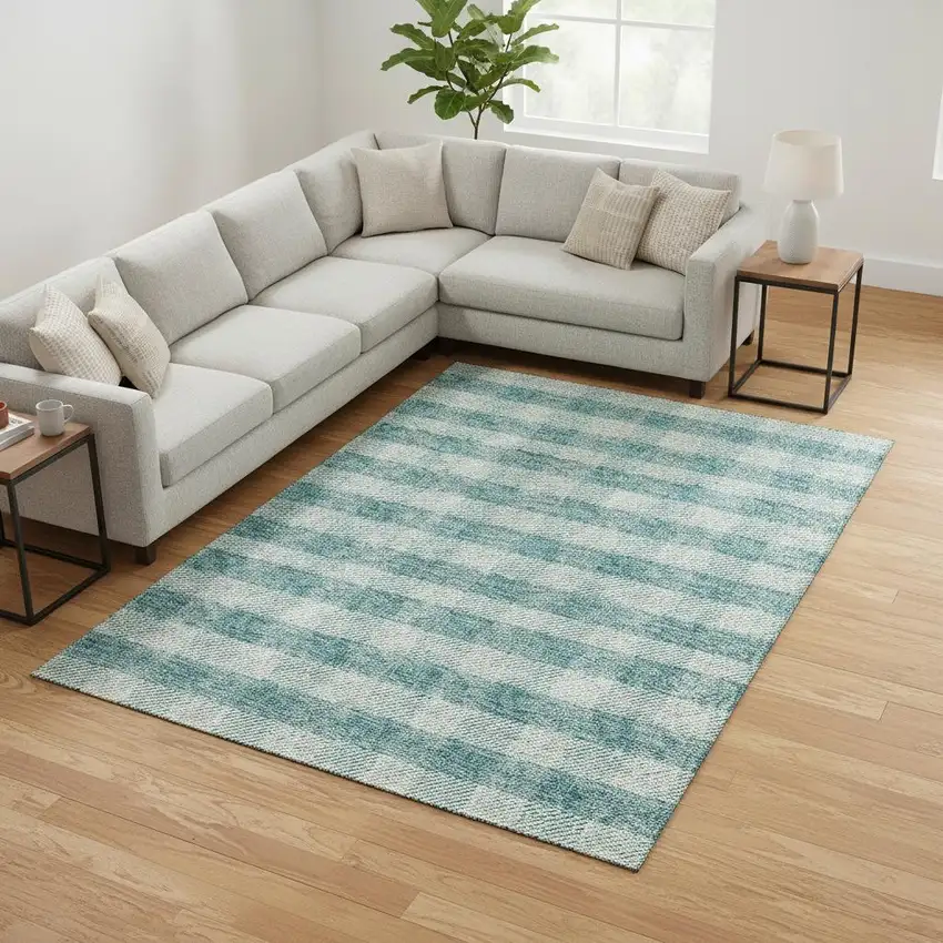 Teal And Ivory Plaid Washable Area Rug With UV Protection Photo 2