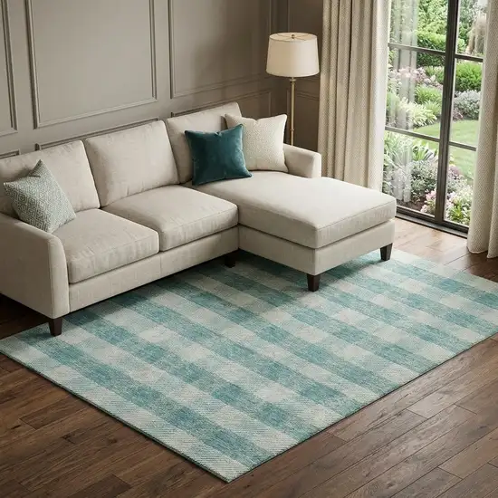 Teal And Ivory Plaid Washable Area Rug With UV Protection Photo 1