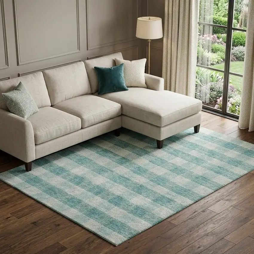 Teal And Ivory Plaid Washable Area Rug With UV Protection Photo 1