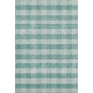 Photo of Teal And Ivory Plaid Washable Area Rug With UV Protection