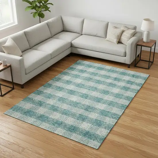Teal And Ivory Plaid Washable Area Rug With UV Protection Photo 2