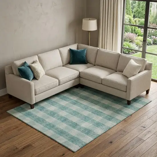 Teal And Ivory Plaid Washable Area Rug With UV Protection Photo 1