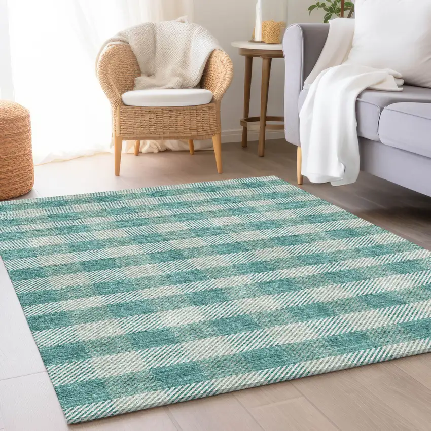 Teal And Ivory Plaid Washable Area Rug With UV Protection Photo 3