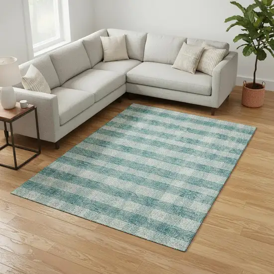 Teal And Ivory Plaid Washable Area Rug With UV Protection Photo 2