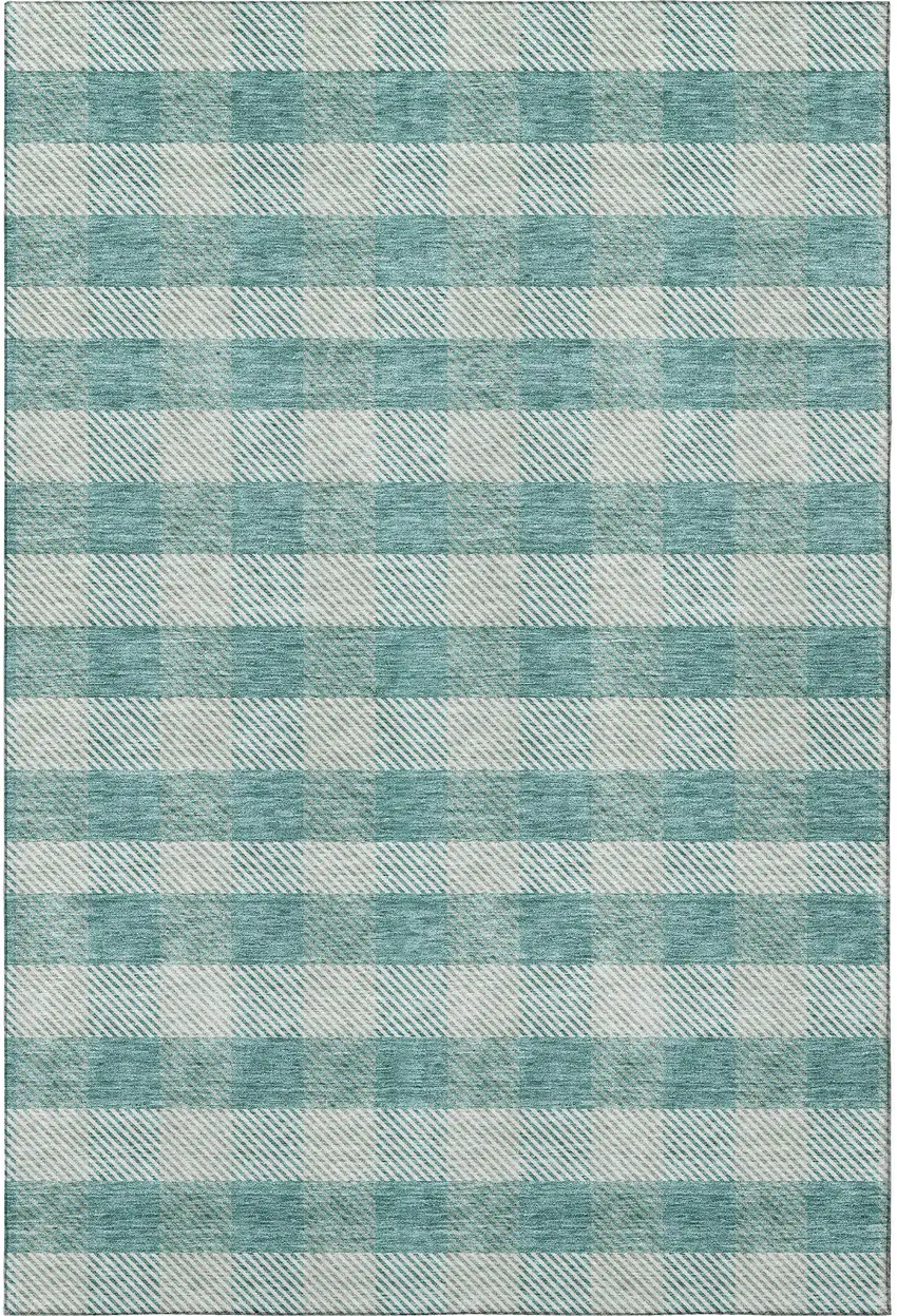 Teal And Ivory Plaid Washable Area Rug With UV Protection Photo 2