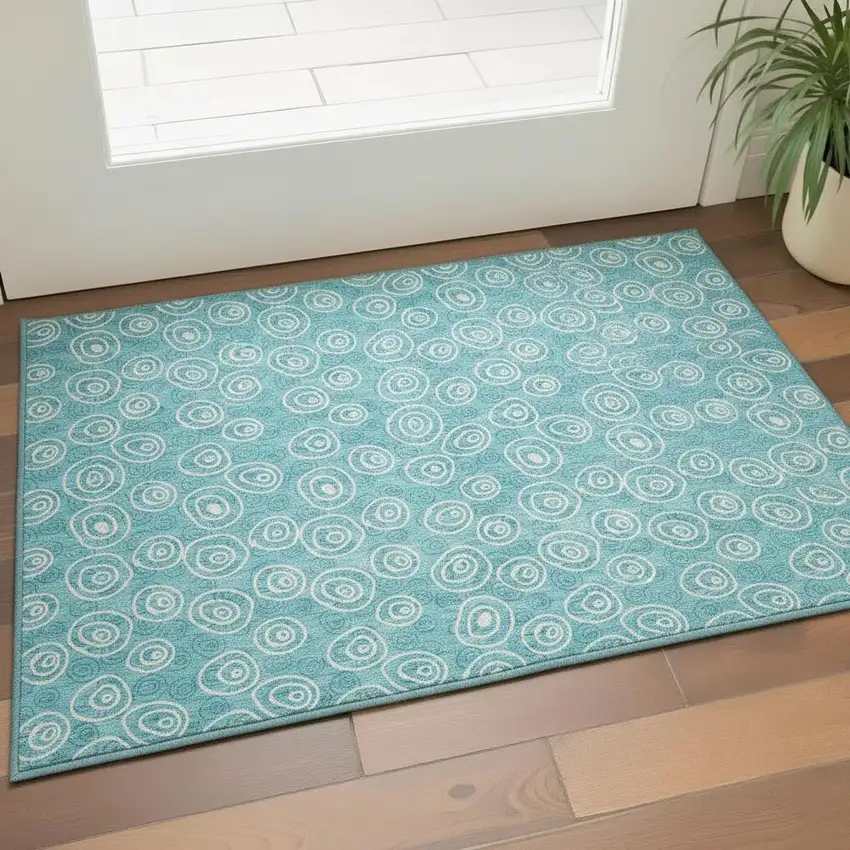 Teal And Ivory Polka Dot Washable Area Rug With UV Protection Photo 2