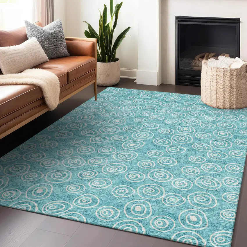 Teal And Ivory Polka Dot Washable Area Rug With UV Protection Photo 6