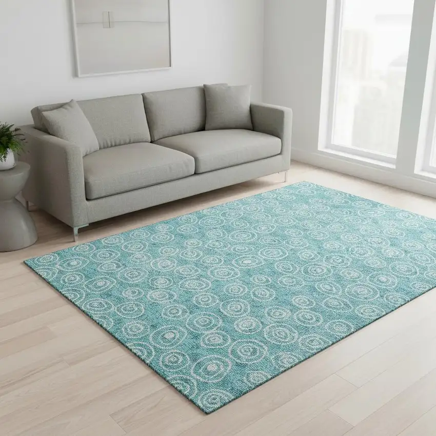 Teal And Ivory Polka Dot Washable Area Rug With UV Protection Photo 2