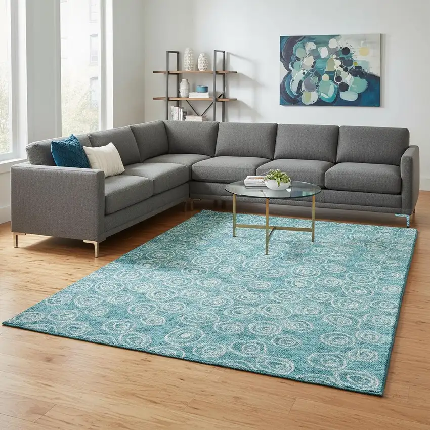 Teal And Ivory Polka Dot Washable Area Rug With UV Protection Photo 2