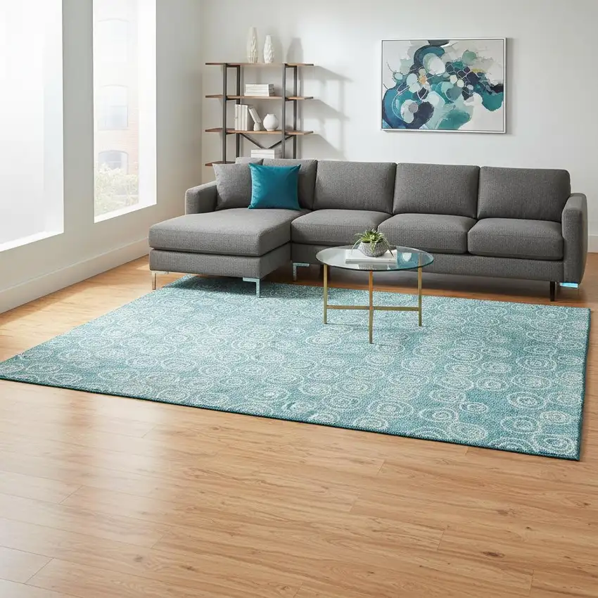 Teal And Ivory Polka Dot Washable Area Rug With UV Protection Photo 2