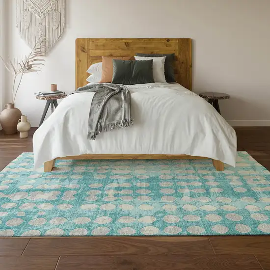 Teal And Ivory Polka Dot Washable Area Rug With UV Protection Photo 6