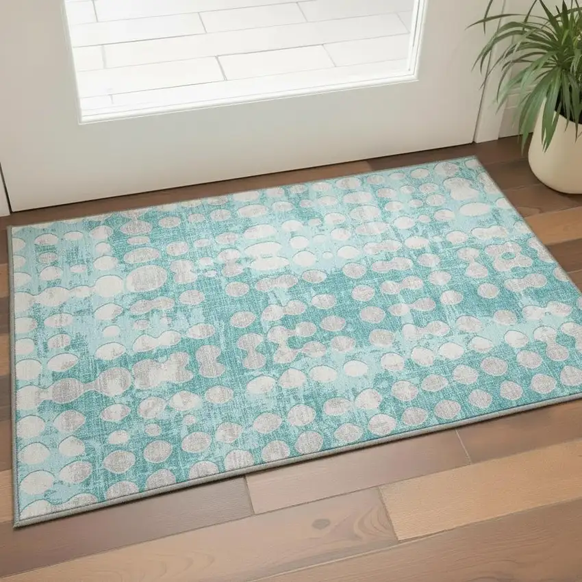 Teal And Ivory Polka Dot Washable Area Rug With UV Protection Photo 2