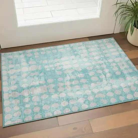 Teal And Ivory Polka Dot Washable Area Rug With UV Protection Photo 1
