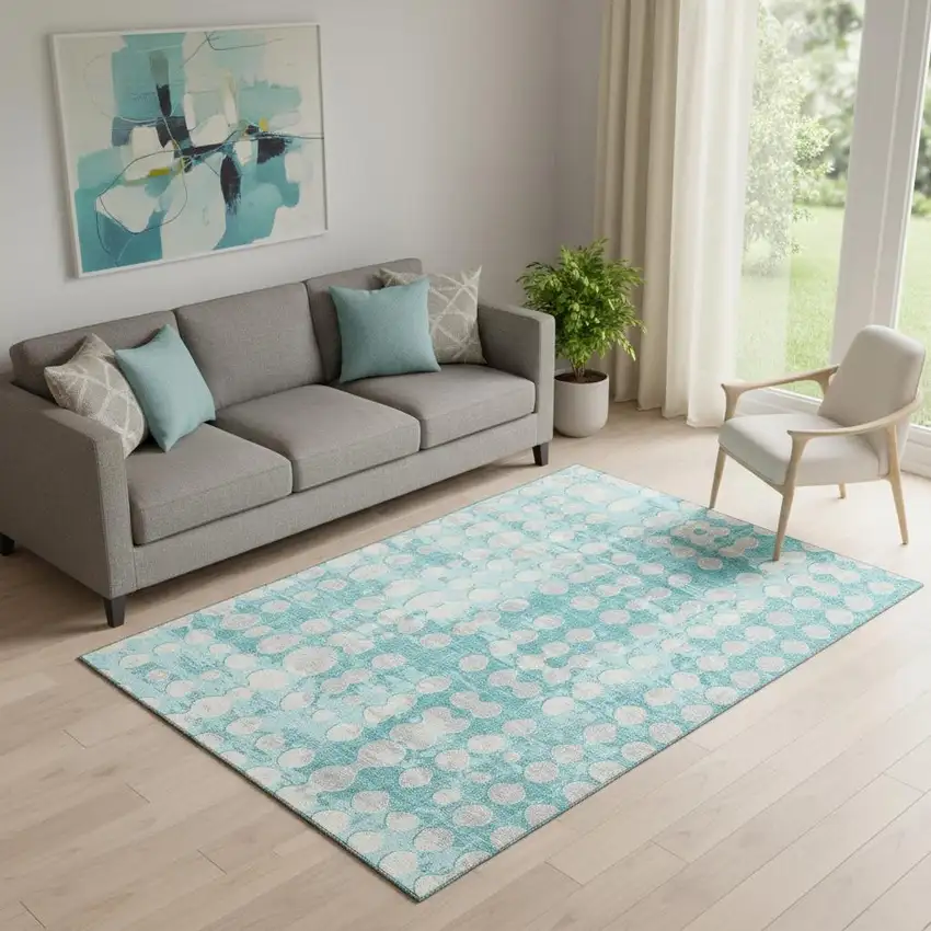 Teal And Ivory Polka Dot Washable Area Rug With UV Protection Photo 1