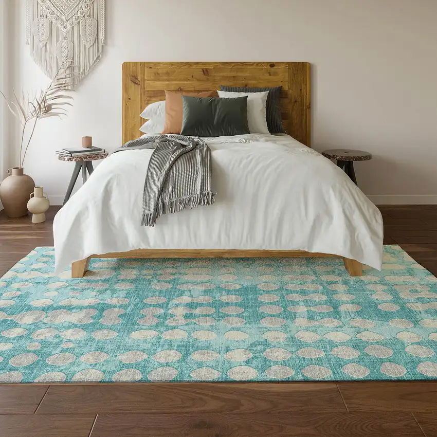 Teal And Ivory Polka Dot Washable Area Rug With UV Protection Photo 6