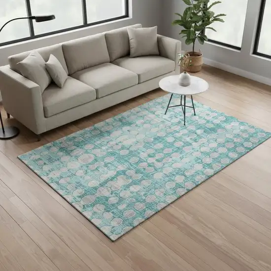 Teal And Ivory Polka Dot Washable Area Rug With UV Protection Photo 2