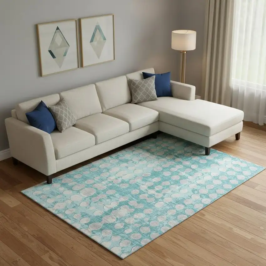 Teal And Ivory Polka Dot Washable Area Rug With UV Protection Photo 1