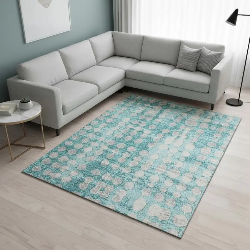 Teal And Ivory Polka Dot Washable Area Rug With UV Protection Photo 2