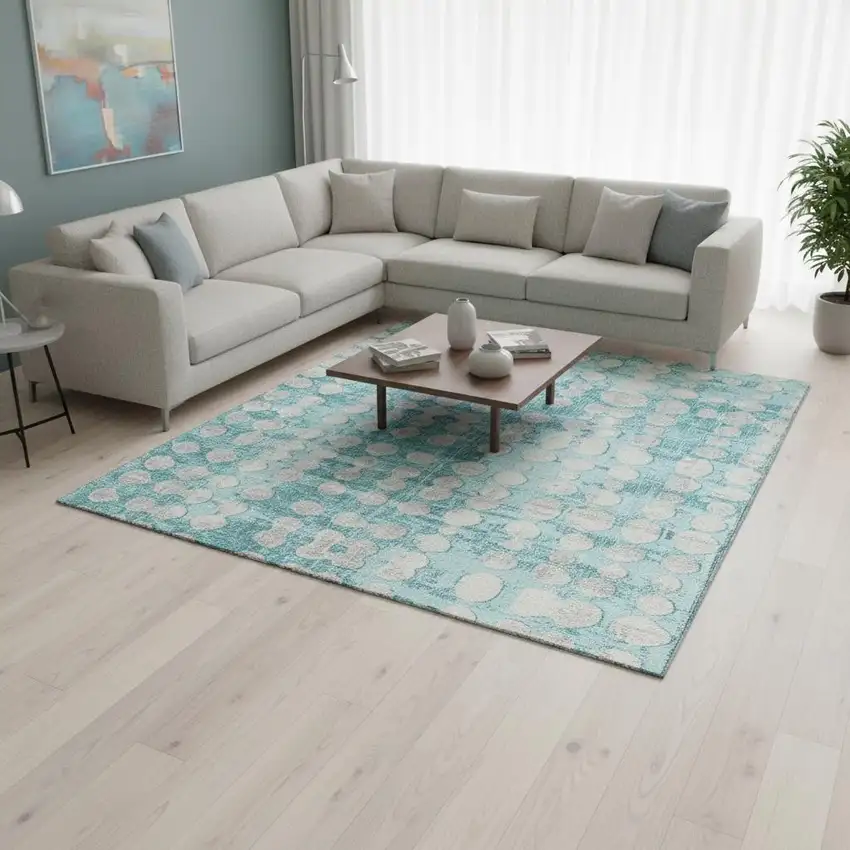 Teal And Ivory Polka Dot Washable Area Rug With UV Protection Photo 2