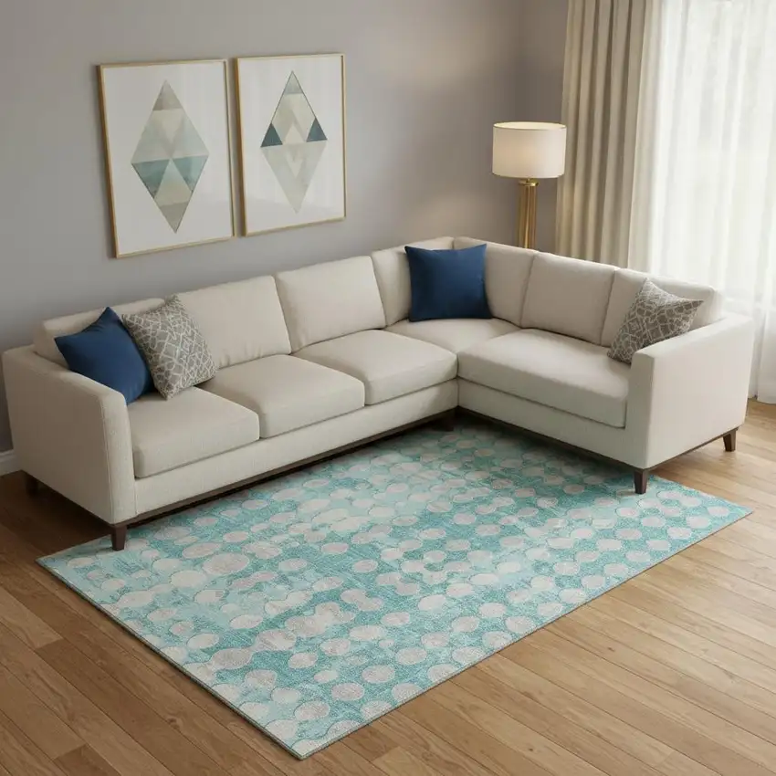 Teal And Ivory Polka Dot Washable Area Rug With UV Protection Photo 1