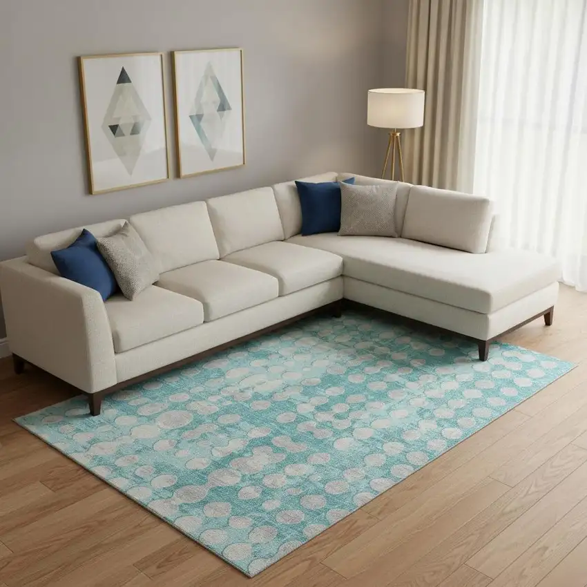 Teal And Ivory Polka Dot Washable Area Rug With UV Protection Photo 1