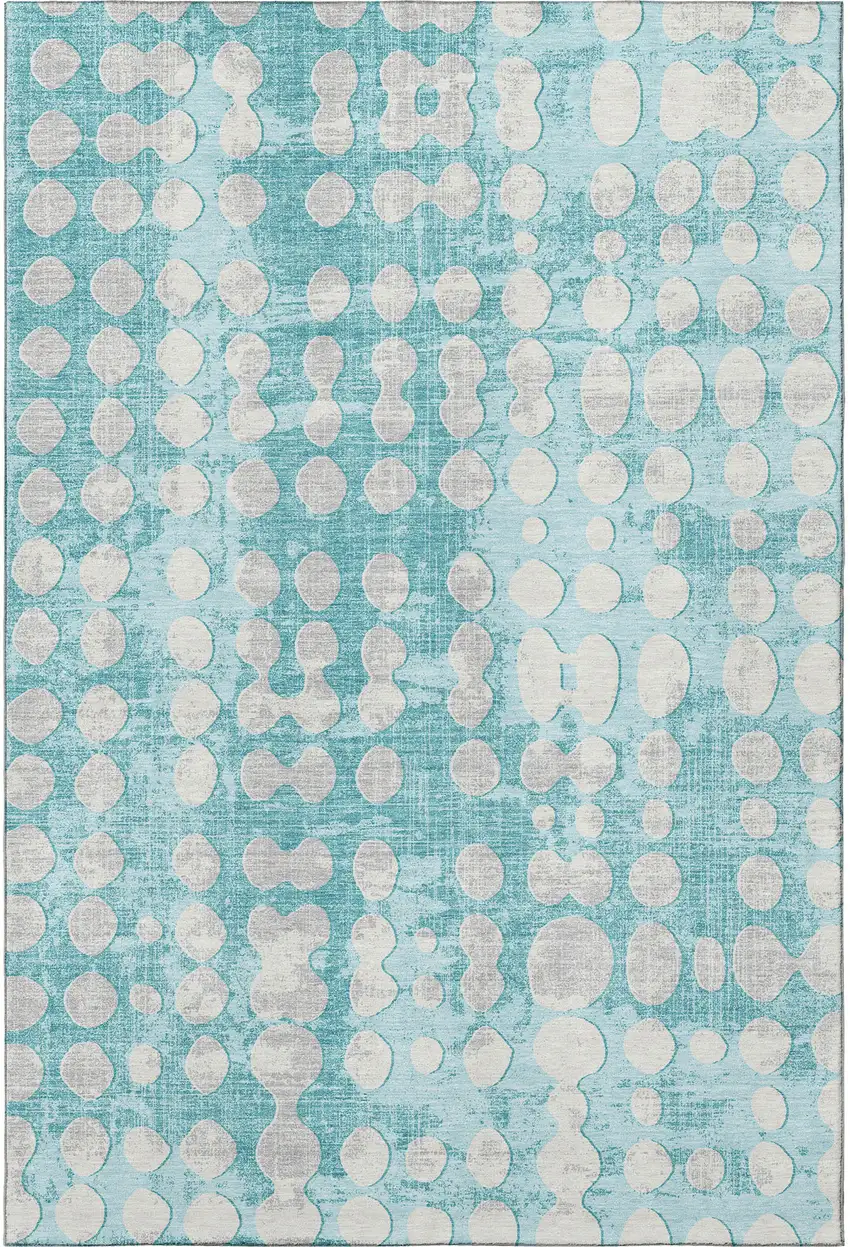 Teal And Ivory Polka Dot Washable Area Rug With UV Protection Photo 4