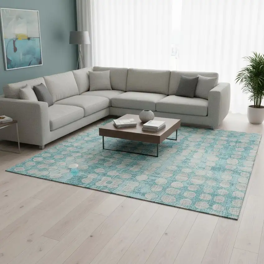 Teal And Ivory Polka Dot Washable Area Rug With UV Protection Photo 2