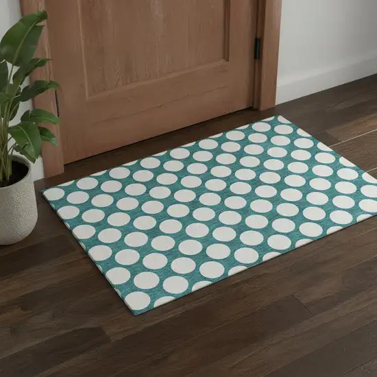Teal And Ivory Polka Dot Washable Area Rug With UV Protection Photo 1