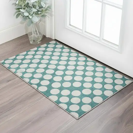 Teal And Ivory Polka Dot Washable Area Rug With UV Protection Photo 2