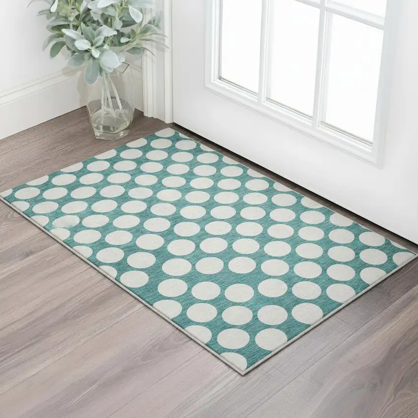Teal And Ivory Polka Dot Washable Area Rug With UV Protection Photo 2