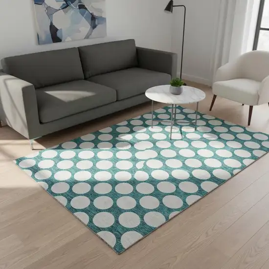 Teal And Ivory Polka Dot Washable Area Rug With UV Protection Photo 2