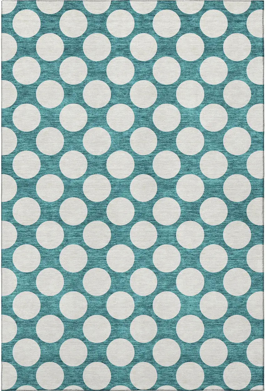 Teal And Ivory Polka Dot Washable Area Rug With UV Protection Photo 4