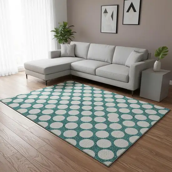 Teal And Ivory Polka Dot Washable Area Rug With UV Protection Photo 2