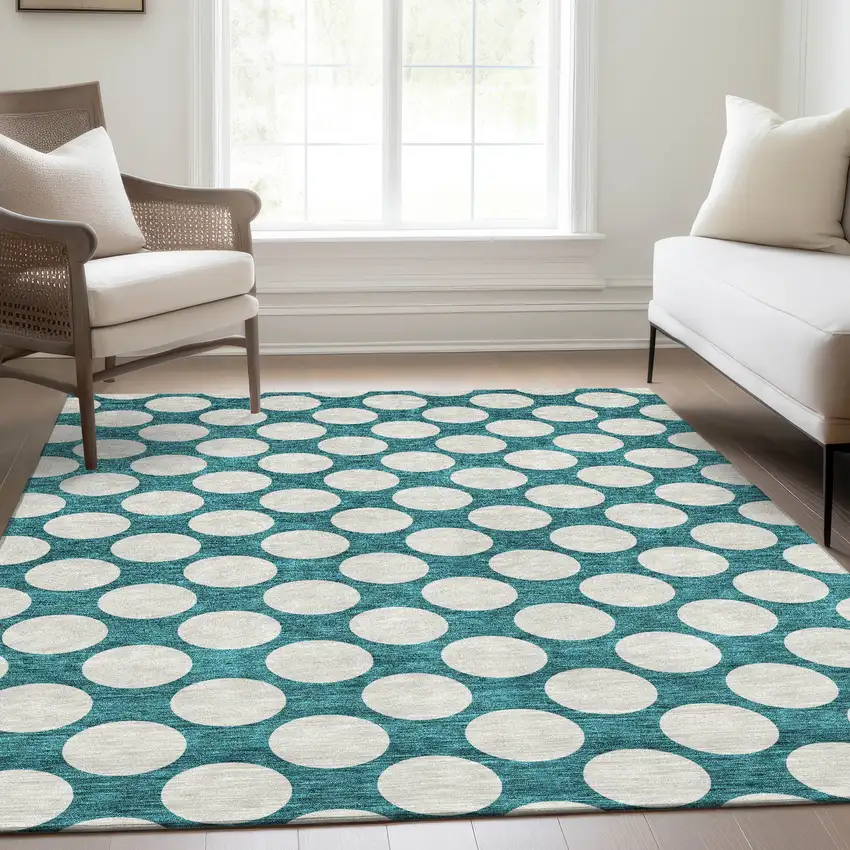 Teal And Ivory Polka Dot Washable Area Rug With UV Protection Photo 6