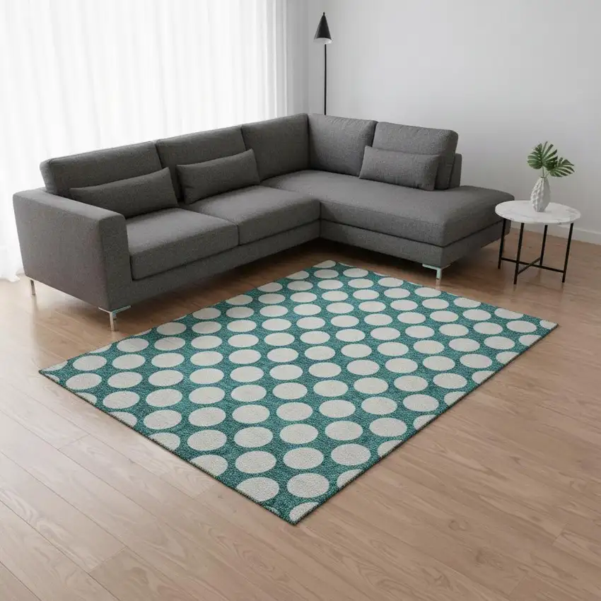 Teal And Ivory Polka Dot Washable Area Rug With UV Protection Photo 2