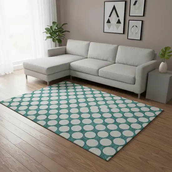 Teal And Ivory Polka Dot Washable Area Rug With UV Protection Photo 2