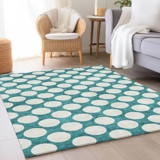 Teal And Ivory Polka Dot Washable Area Rug With UV Protection Photo 4