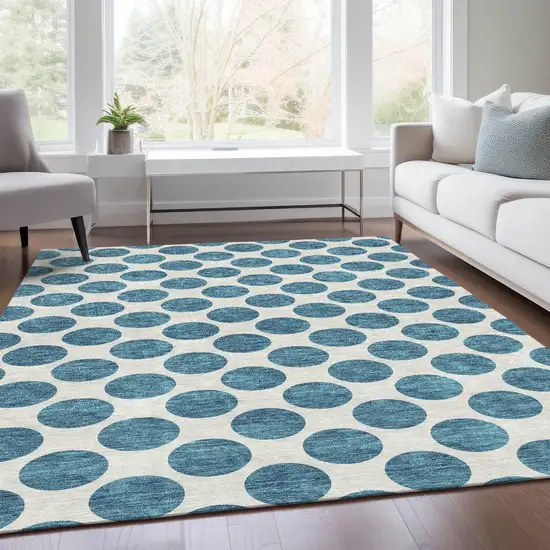 Teal And Ivory Polka Dot Washable Area Rug With UV Protection Photo 4