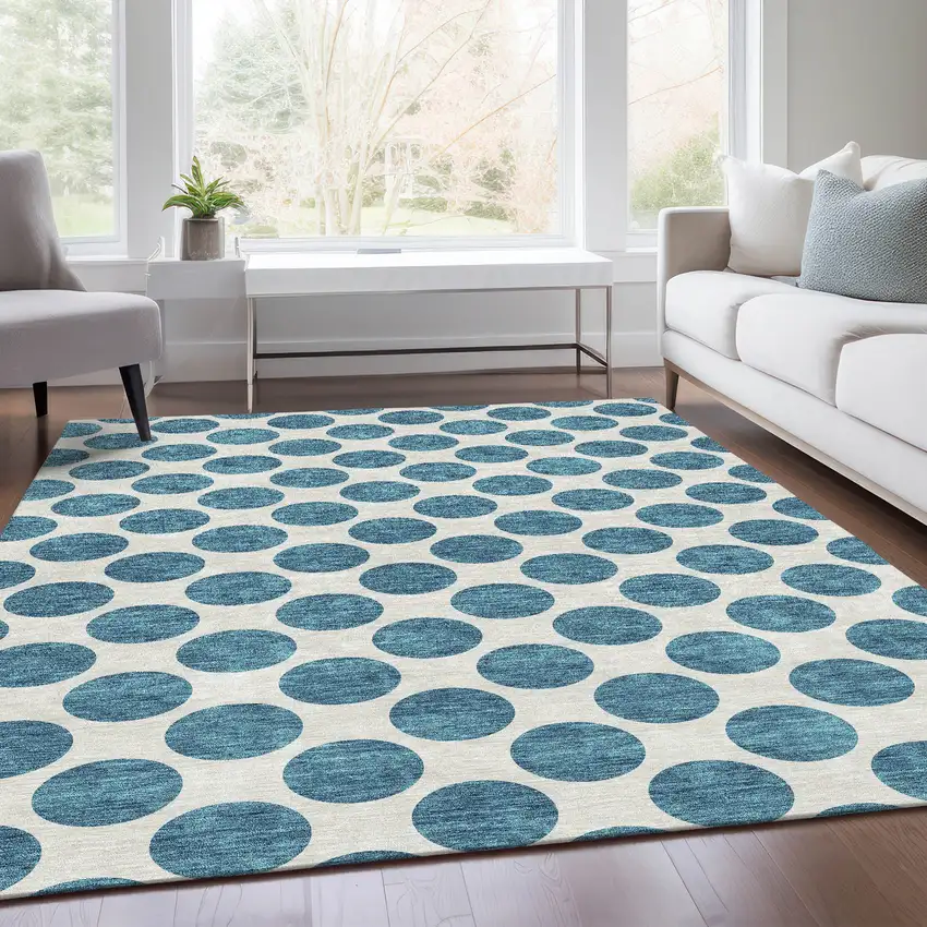 Teal And Ivory Polka Dot Washable Area Rug With UV Protection Photo 4
