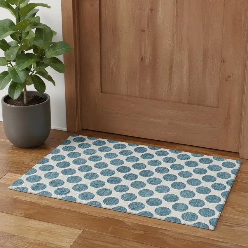 Teal And Ivory Polka Dot Washable Area Rug With UV Protection Photo 1