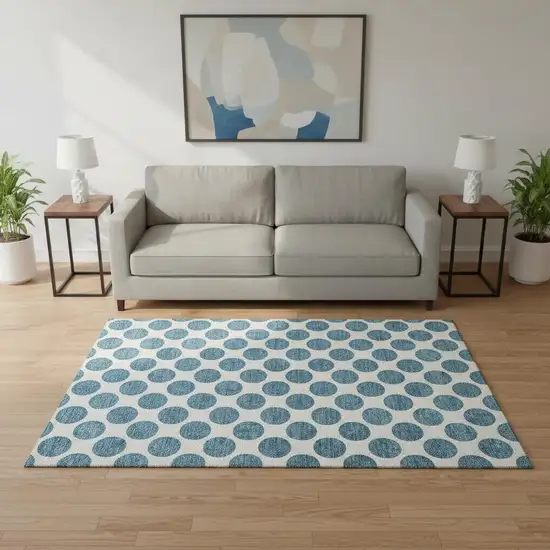 Teal And Ivory Polka Dot Washable Area Rug With UV Protection Photo 2