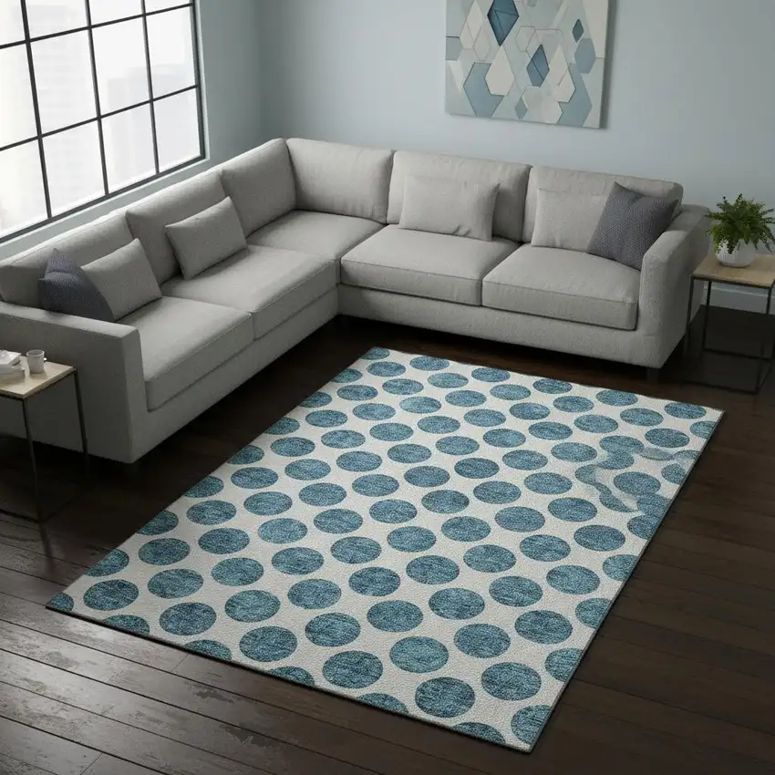 Teal And Ivory Polka Dot Washable Area Rug With UV Protection Photo 2