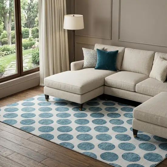 Teal And Ivory Polka Dot Washable Area Rug With UV Protection Photo 1