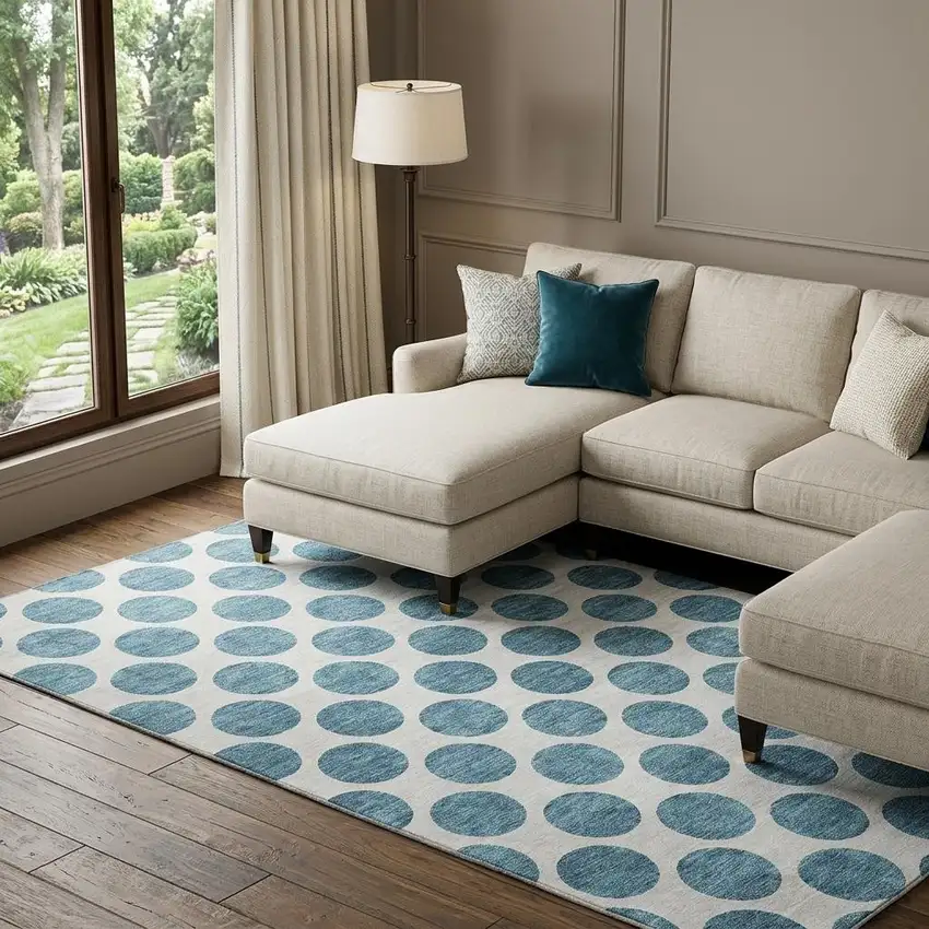 Teal And Ivory Polka Dot Washable Area Rug With UV Protection Photo 1