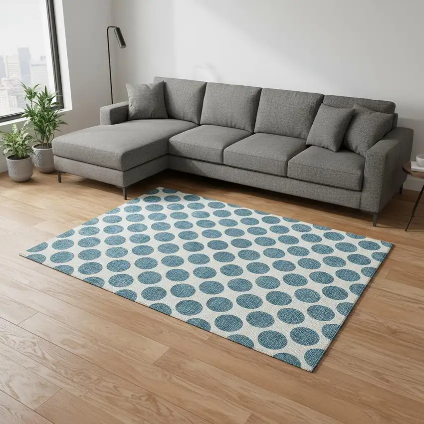 Teal And Ivory Polka Dot Washable Area Rug With UV Protection Photo 2