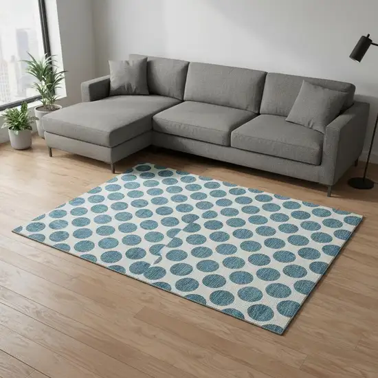 Teal And Ivory Polka Dot Washable Area Rug With UV Protection Photo 2