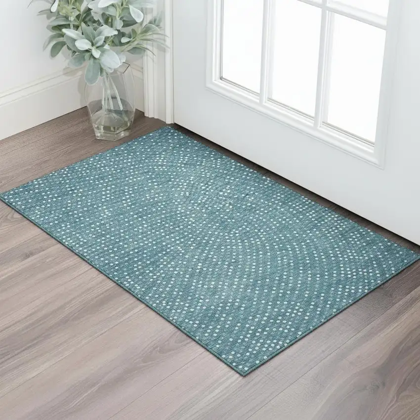 Teal And Ivory Polka Dot Washable Area Rug With UV Protection Photo 2